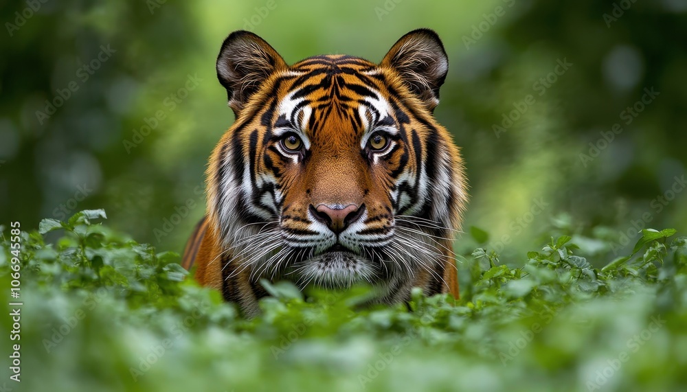Close-up portrait of a majestic tiger in lush greenery during daylight hours Close-up portrait of a majestic tiger in lush greenery during daylight hours