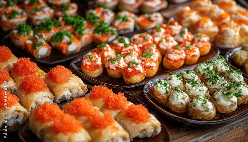 Elegant banquet table setup featuring a variety of delicious catering dishes Elegant banquet table setup featuring a variety of delicious catering dishes