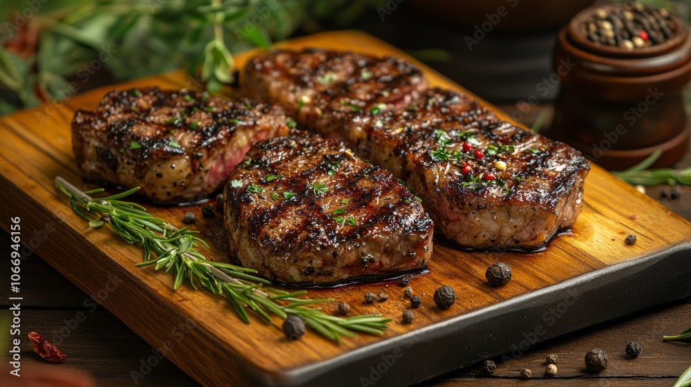 Grilled beef steaks with herbs and peppercorns resting on wooden cutting board