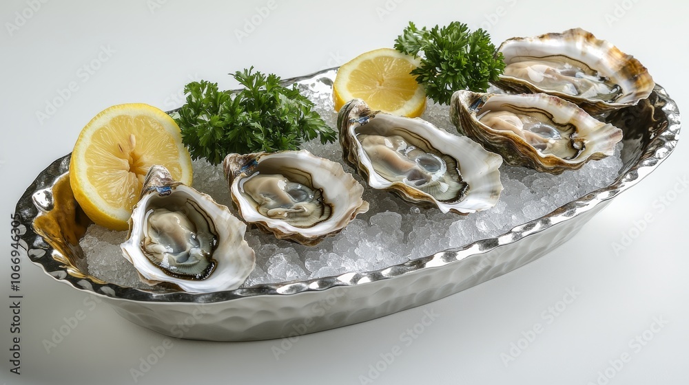Fresh oysters with lemon and parsley on ice in serving dish Fresh oysters with lemon and parsley on ice in serving dish
