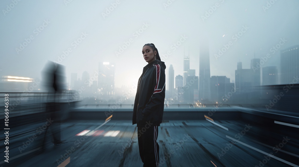 Urban Enigma: A stylish woman stands on a rooftop overlooking a blurred cityscape, her gaze intense and captivating. The mood is mysterious, blending urban grit with a sense of quiet confidence. Urban Enigma: A stylish woman stands on a rooftop overlooking a blurred cityscape, her gaze intense and captivating. The mood is mysterious, blending urban grit with a sense of quiet confidence.