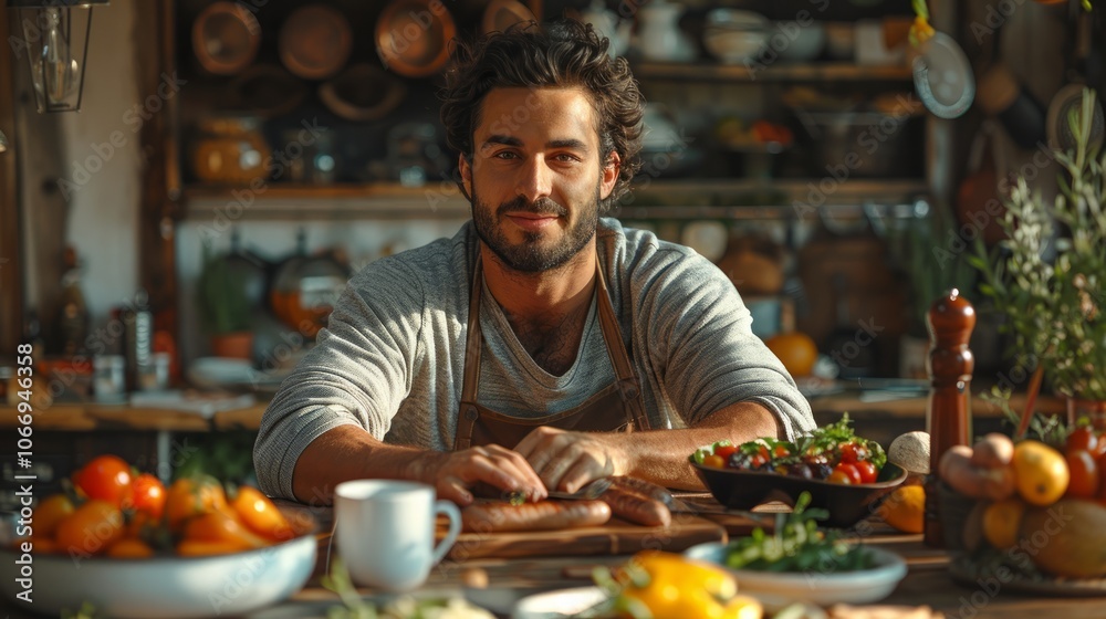 Positive arab guy hipster having healthy breakfast at home, eating fresh vegetables, sausages, drinking coffee, sitting at kitchen table, copy space. Handsome indian man starting day with nice meal. Positive arab guy hipster having healthy breakfast at home, eating fresh vegetables, sausages, drinking coffee, sitting at kitchen table, copy space. Handsome indian man starting day with nice meal.