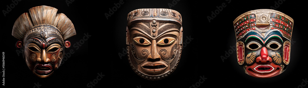 Naklejka premium Three wooden masks isolated against a black background.