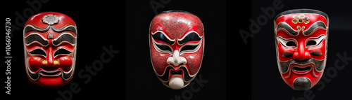 Three traditional masks with red and black paint, isolated against a black background. photo