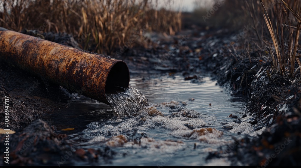 Fototapeta premium Rusty pipe polluting stream with waste water in natural environment