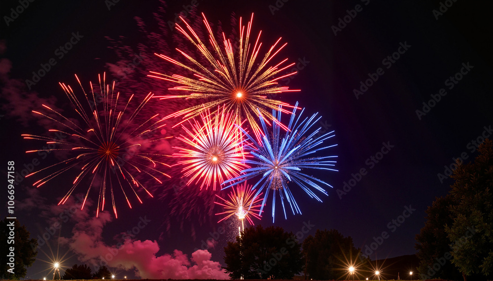 Red, White, and Blue Fireworks Burst in Night Sky Red, White, and Blue Fireworks Burst in Night Sky