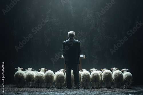 Man leading a flock of sheep indoors with dramatic lighting