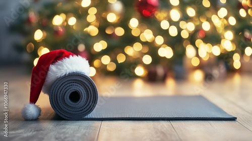 Yoga mat wearing santa hat with christmas tree in background symbolizing holiday fitness