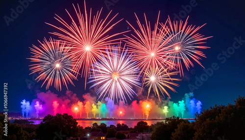 Vibrant Rainbow Fireworks Over River at Night