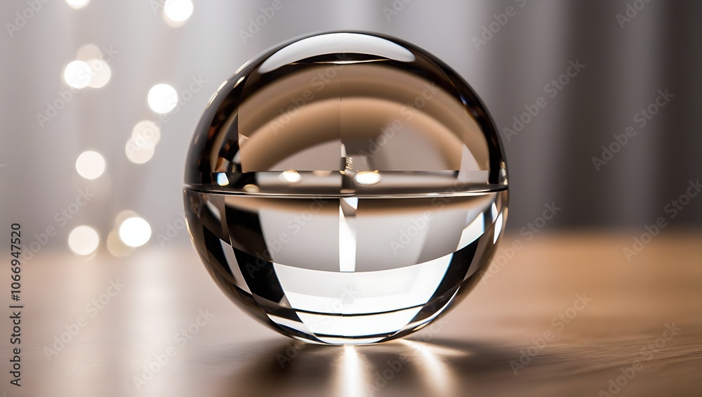 A clear glass sphere sits on a wooden table with blurred white lights in the background. A clear glass sphere sits on a wooden table with blurred white lights in the background.