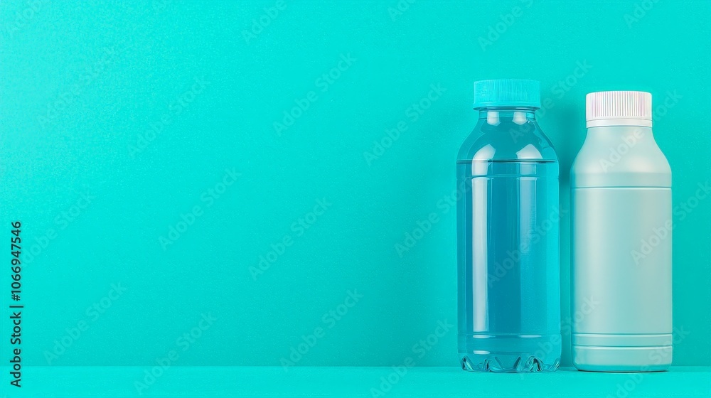 Two colorful bottles stand against a vibrant turquoise background, showcasing a modern and minimalist design. Two colorful bottles stand against a vibrant turquoise background, showcasing a modern and minimalist design.