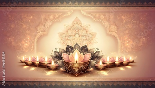 Elegant Diwali card background with a soft pastel color gradient, featuring an ornate border of gold filigree and a central arrangement of glowing diwali lamps. Oriental festival of lights. Ramadan
