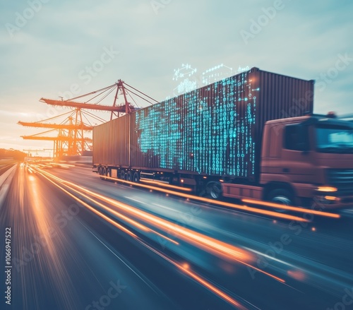 Truck transporting goods with hologram world map and binary code, global logistics and technology