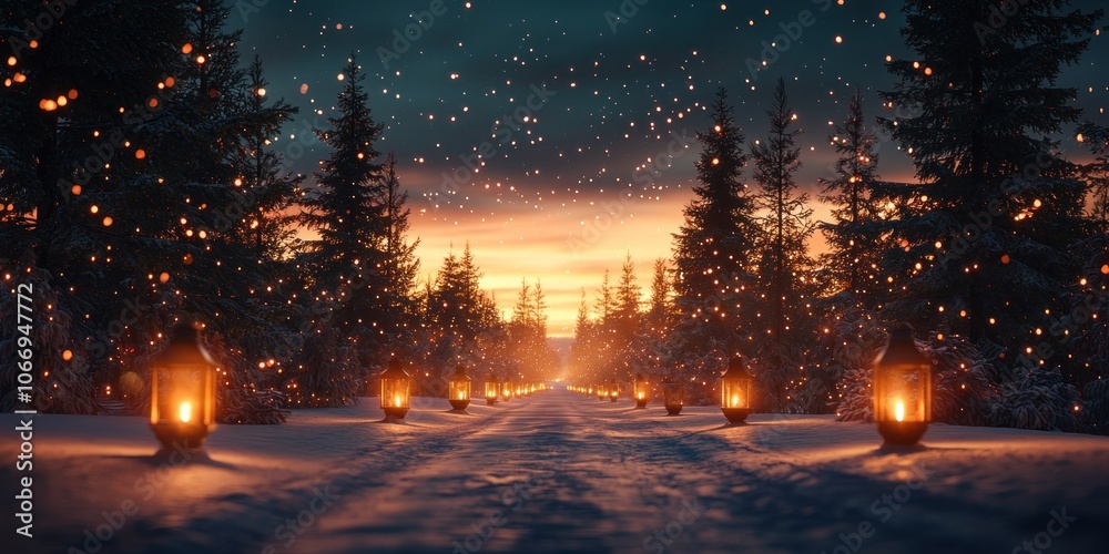 A Snowy Path Lit by Lanterns and Fairy Lights Through a Forest at Twilight A Snowy Path Lit by Lanterns and Fairy Lights Through a Forest at Twilight