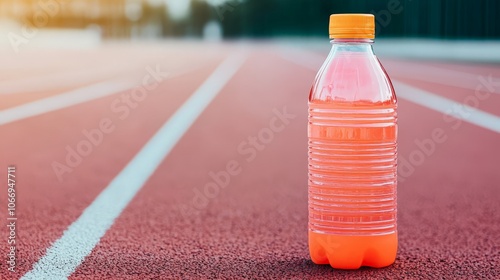Fototapeta Naklejka Na Ścianę i Meble -  A bright orange sports drink bottle on a running track, symbolizing hydration and athleticism during workouts.