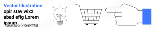 Lightbulb with rays, shopping cart on wheels, and pointing finger with blue cuff. Ideal for ecommerce, innovation, marketing, digital advertising, creativity, business strategy, online shopping