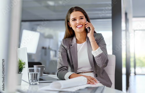 Business, woman and happy with phone call in office for contract negotiation and consulting financial investor. Professional, employee and smile with contact by desk for proposal feedback and review