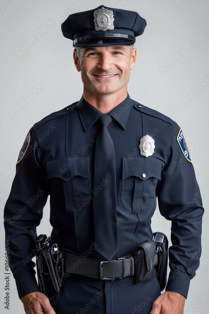 Confident police officer proudly presenting uniform in a professional setting Confident police officer proudly presenting uniform in a professional setting