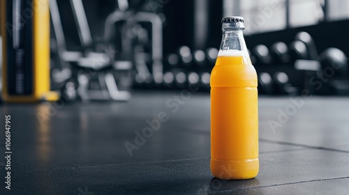 A vibrant orange drink sits on a gym floor, contrasting against a muted backdrop of fitness equipment.