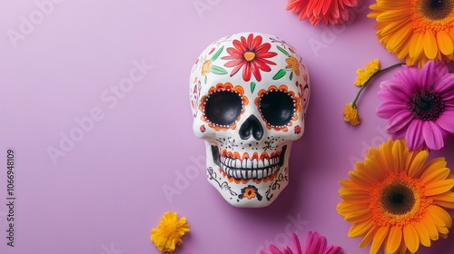 Colorful Sugar Skull with Floral Accents