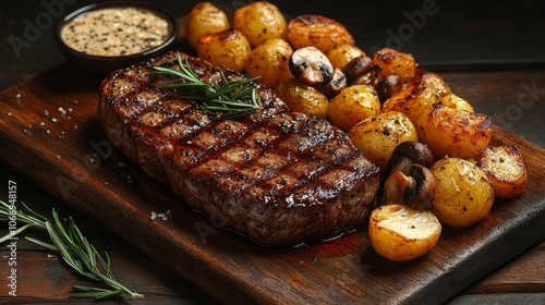 Grilled beef steak with roasted potatoes, mushrooms and sauce