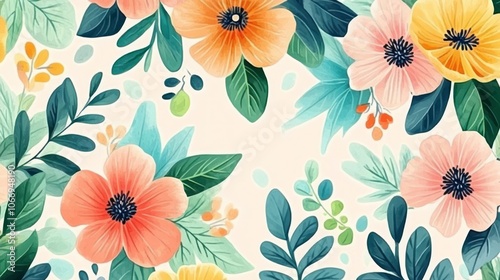 Colorful Floral Pattern with Vibrant Flowers and Leaves