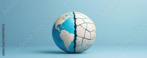 A globe with a large crack through its center, symbolizing geopolitical tensions, economic divides, and global instability.