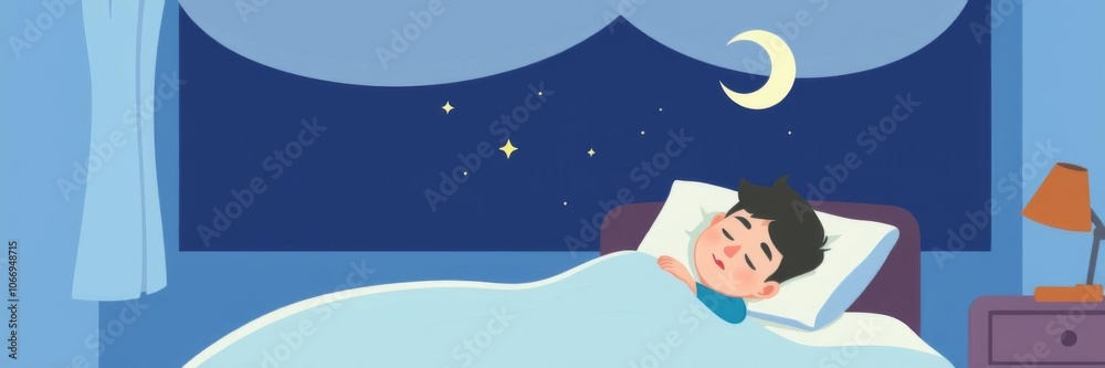 Young man sleeping in comfortable bed at late night in home bedroom interior, vector illustration cartoon character, healthy night sleep concept, relaxation, comfort, young Young man sleeping in comfortable bed at late night in home bedroom interior, vector illustration cartoon character, healthy night sleep concept, relaxation, comfort, young