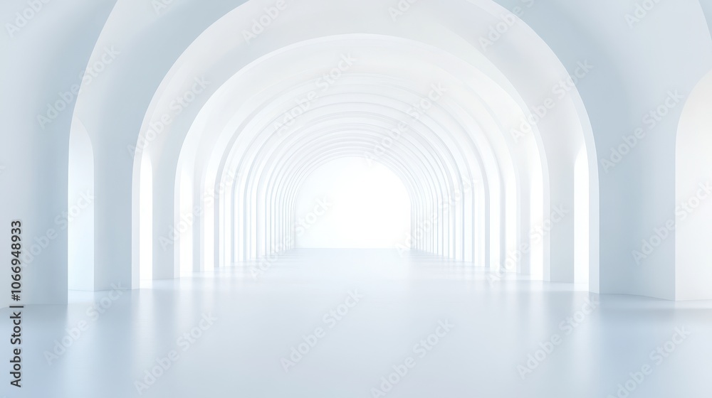A long, narrow, white room with a large archway A long, narrow, white room with a large archway