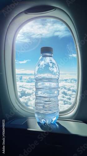 Refreshing water bottle rests on tray table during flight with cloudscape view