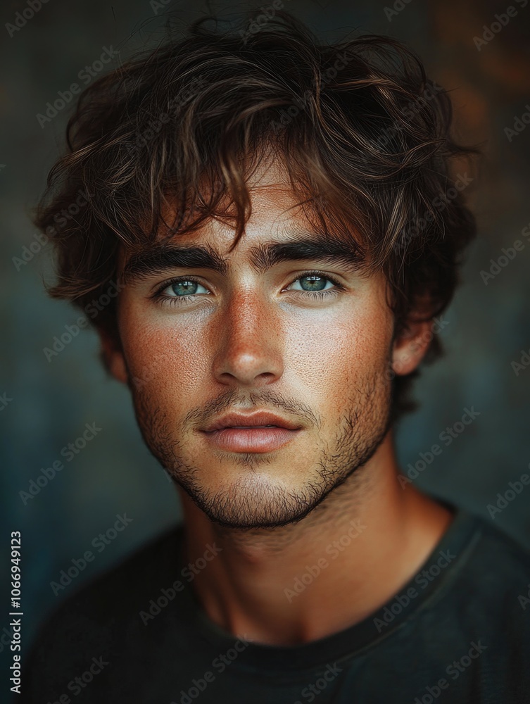 Portrait of a young man with intense gaze and tousled hair Portrait of a young man with intense gaze and tousled hair