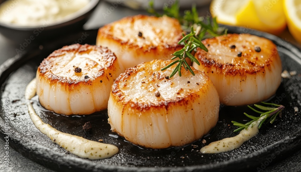 Grilled scallops with herbs served in a bustling restaurant setting Grilled scallops with herbs served in a bustling restaurant setting