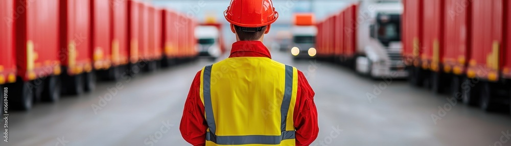 Back view of a logistics worker in safety gear overseeing red cargo trucks lined up, symbolizing supply chain, transportation, and freight management. Back view of a logistics worker in safety gear overseeing red cargo trucks lined up, symbolizing supply chain, transportation, and freight management.