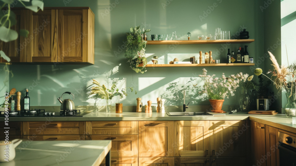 Rustic kitchen with plants and decorative shelves in natural sunlight Rustic kitchen with plants and decorative shelves in natural sunlight