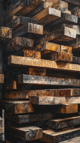 Stack of rectangular wood planks creating a textured wall