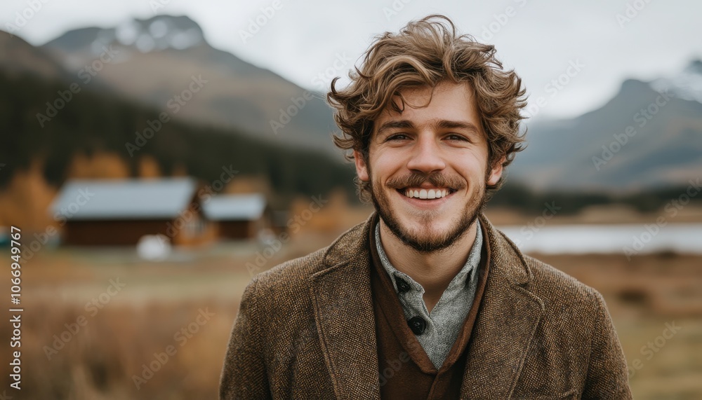 Realtor smiling near a house surrounded by nature during a cloudy day Realtor smiling near a house surrounded by nature during a cloudy day