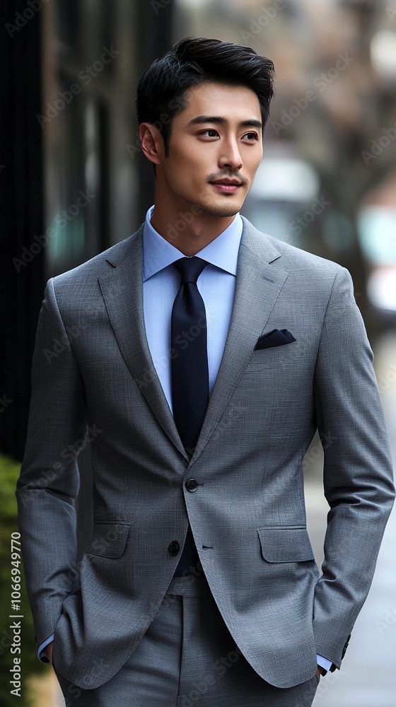 A handsome man in his thirties, of Asian descent, dressed in a delicate gray suit and blue shirt, with a black tie. He has short hair, big eyes, generative ai A handsome man in his thirties, of Asian descent, dressed in a delicate gray suit and blue shirt, with a black tie. He has short hair, big eyes, generative ai