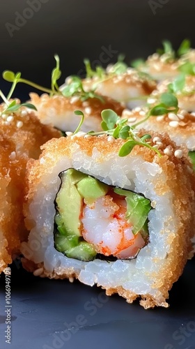 Hot crispy tempura shrimp and avocado sushi roll with sesame seeds and microgreens
