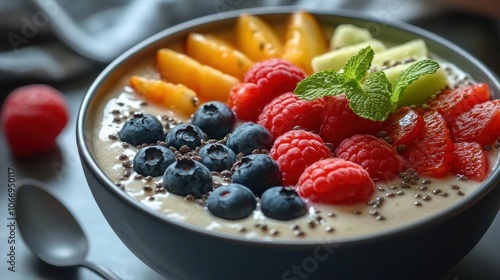 A colorful bowl of yogurt topped with fresh berries, melon, and mint, offering a healthy and vibrant breakfast option.