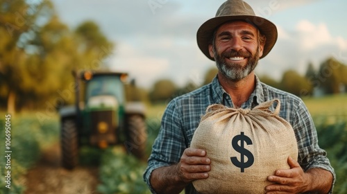 Happy farmer holding money bag in cultivated field with tractor at sunset