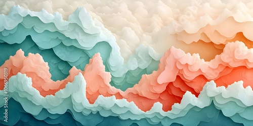 A mesmerizing abstract artwork featuring soft, layered waves in shades of turquoise, coral, and peach, creating a calming and dreamy atmosphere.