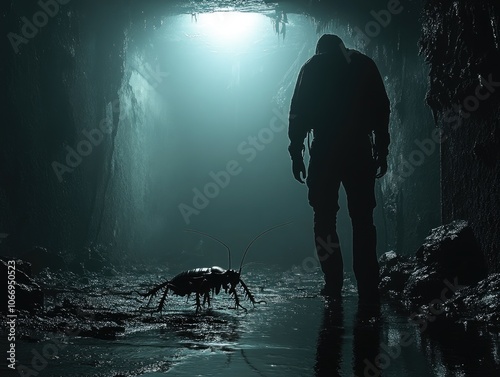 Mysterious encounter: shadowy figure and giant insect in an underground passage
