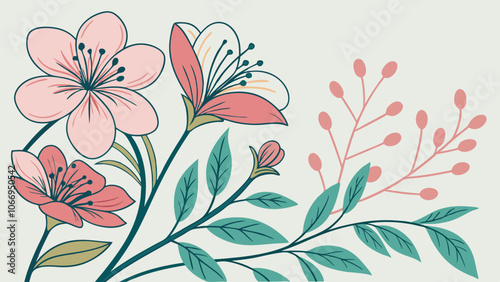 Floral Illustration with Pink and White Flowers