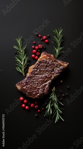 Grilled beef steak with rosemary and peppercorns on black background