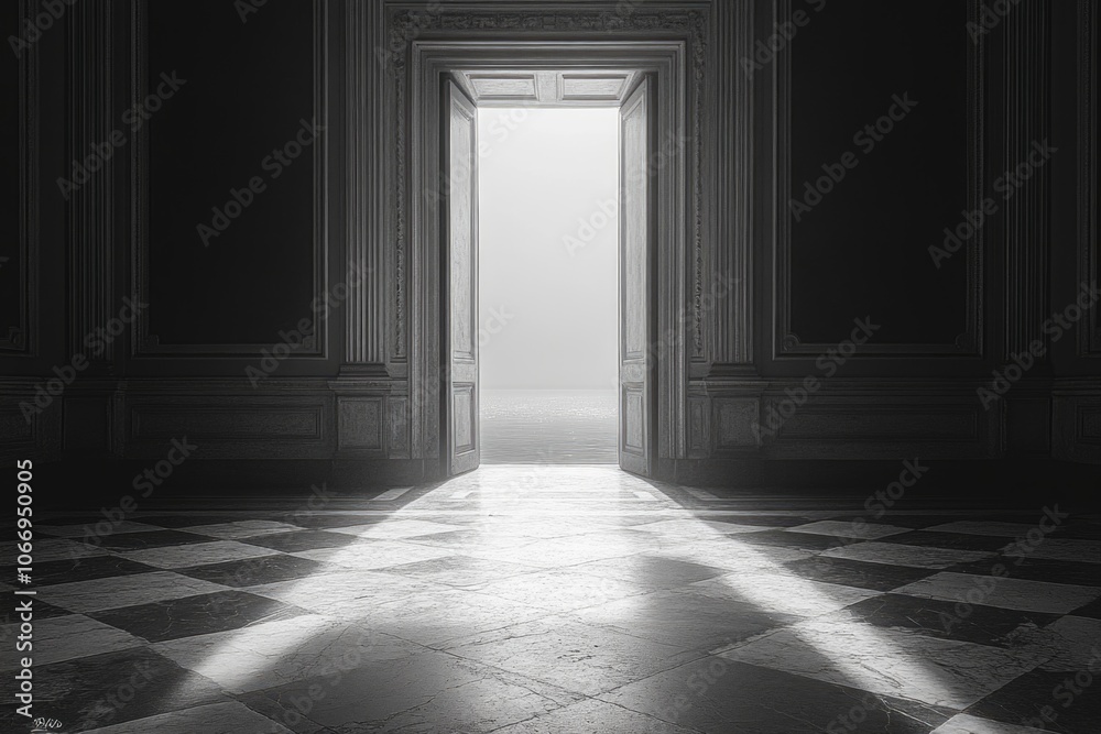 Open doorway with sunlight streaming into elegant room with checkered floor Open doorway with sunlight streaming into elegant room with checkered floor