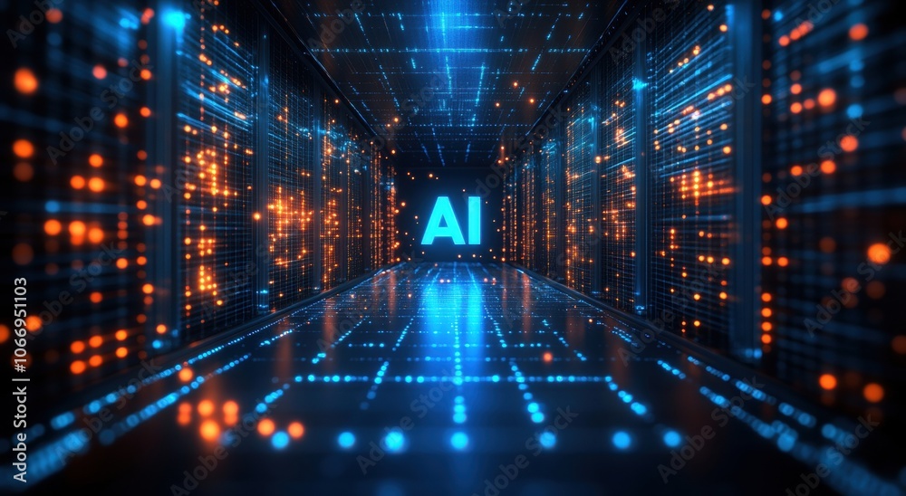 Futuristic server room hosting artificial intelligence processing computing power Futuristic server room hosting artificial intelligence processing computing power
