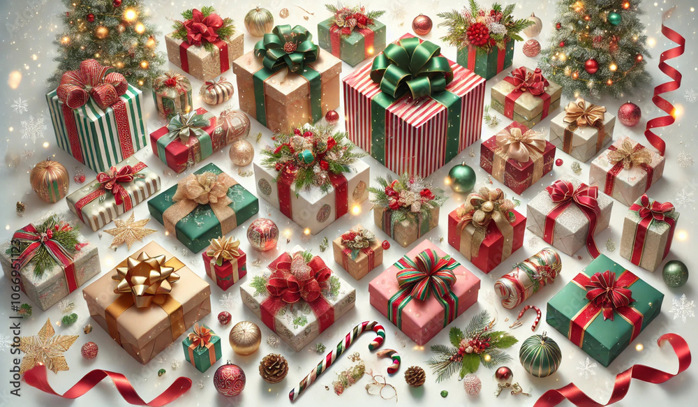 Fototapeta premium Beautifully wrapped Christmas gifts with various designs, bows, and seasonal decor in classic holiday colors, perfect for creating a festive and cheerful gift display.