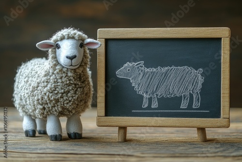 Adorable sheep next to rustic chalkboard sketch photo