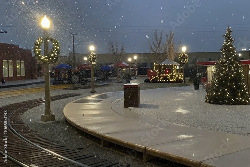 Snowy evening at Fairview city fair with festive lights and decorations. Generative AI photo