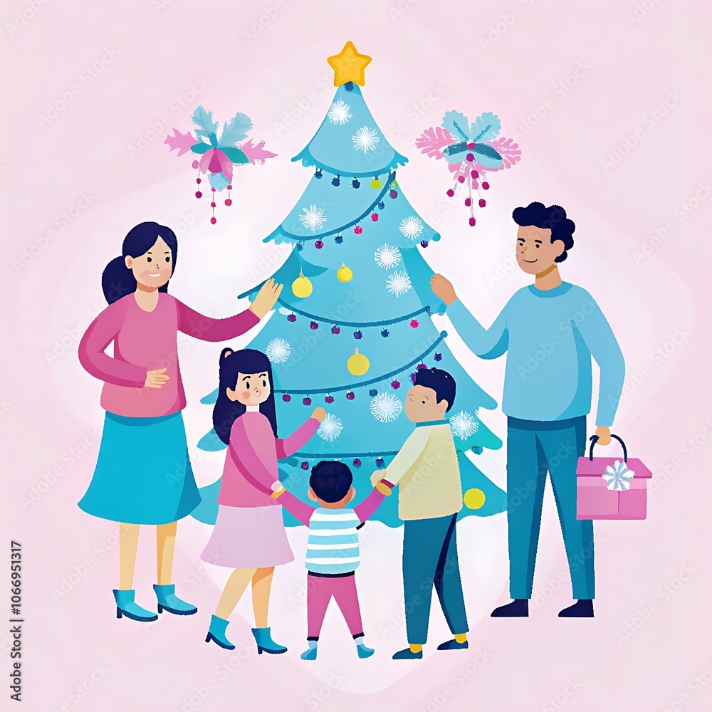 Fototapeta premium Festive Family Gathering Around Christmas Tree with Decorations and Gifts